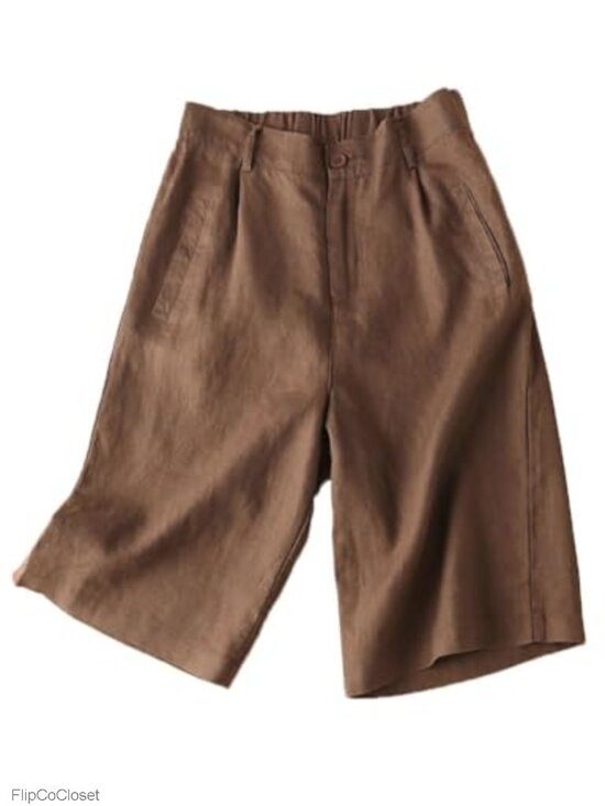 Pants - High Waisted Pleated Wide Leg Bermuda Shorts with Pockets Cotton Linen Blend